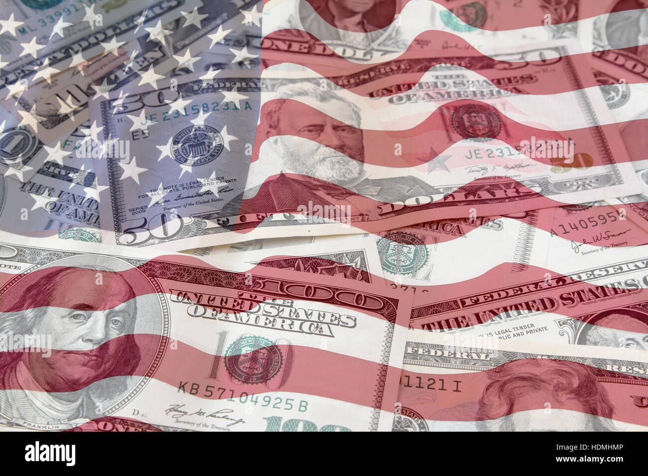 Bandiera americana sulle banconote assortiti Foto Stock