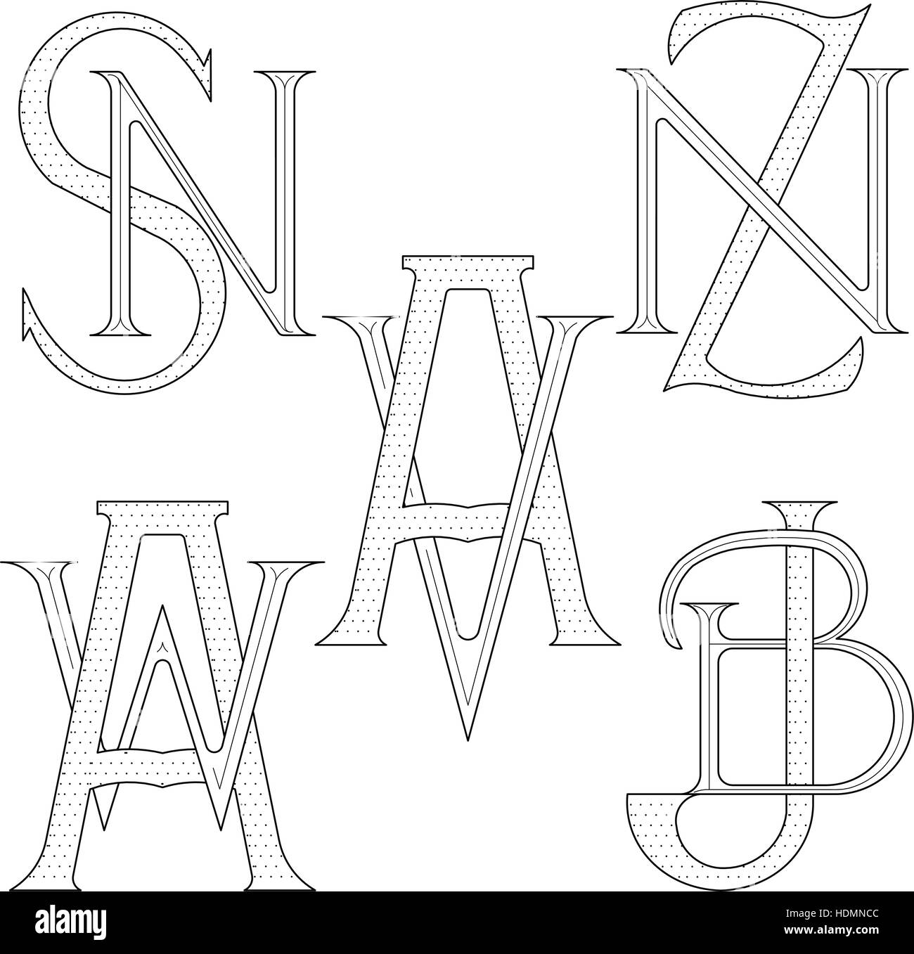 Serie di eleganti monogrammi con due lettere. SN ZN AV AW JB. Logo del monogramma di identità per autore, fotografo, ristorante, hotel, consulta araldica, gioielli. Illustrazione Vettoriale