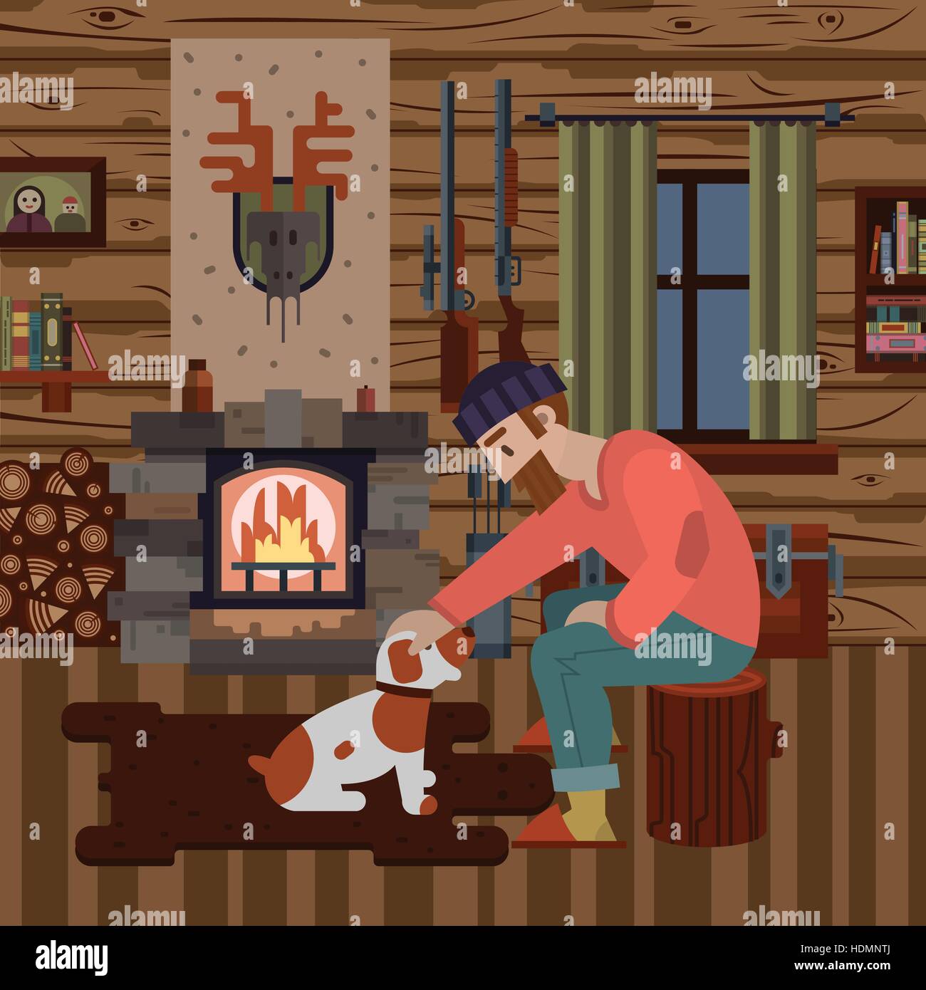 Interni accoglienti di hunter casa in legno con diversi elementi: registra, pistole, camino. Cacciatore con cane. Moderno stile piatto interno. Illustrazione Vettoriale arte f Illustrazione Vettoriale