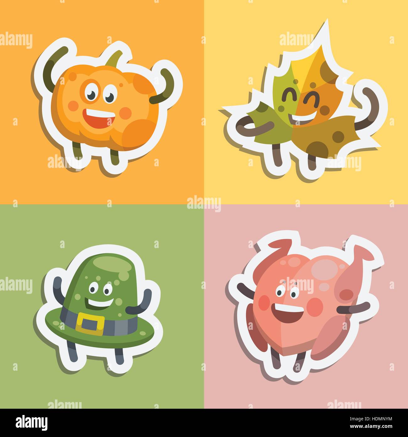 Illustrazione Vettoriale emoticon emoji set di adesivi sul tema delle vacanze d'autunno. Autunno emoticon felice giorno del ringraziamento. Emozioni diverse funny zucca Illustrazione Vettoriale