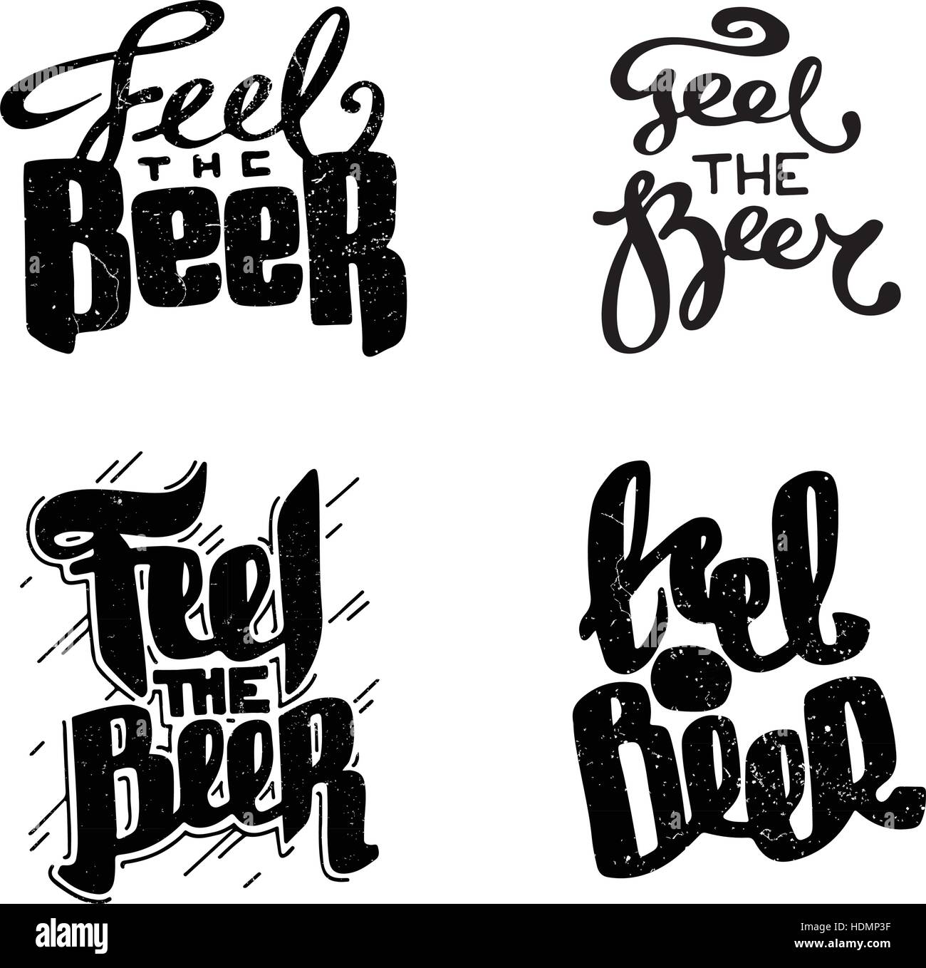 Set di disegnati a mano a mano lettering monocromatica badge di birra. Testo: sentire la birra. Modelli di logo ed elementi di design per bar, pub, menu store, birra h Illustrazione Vettoriale