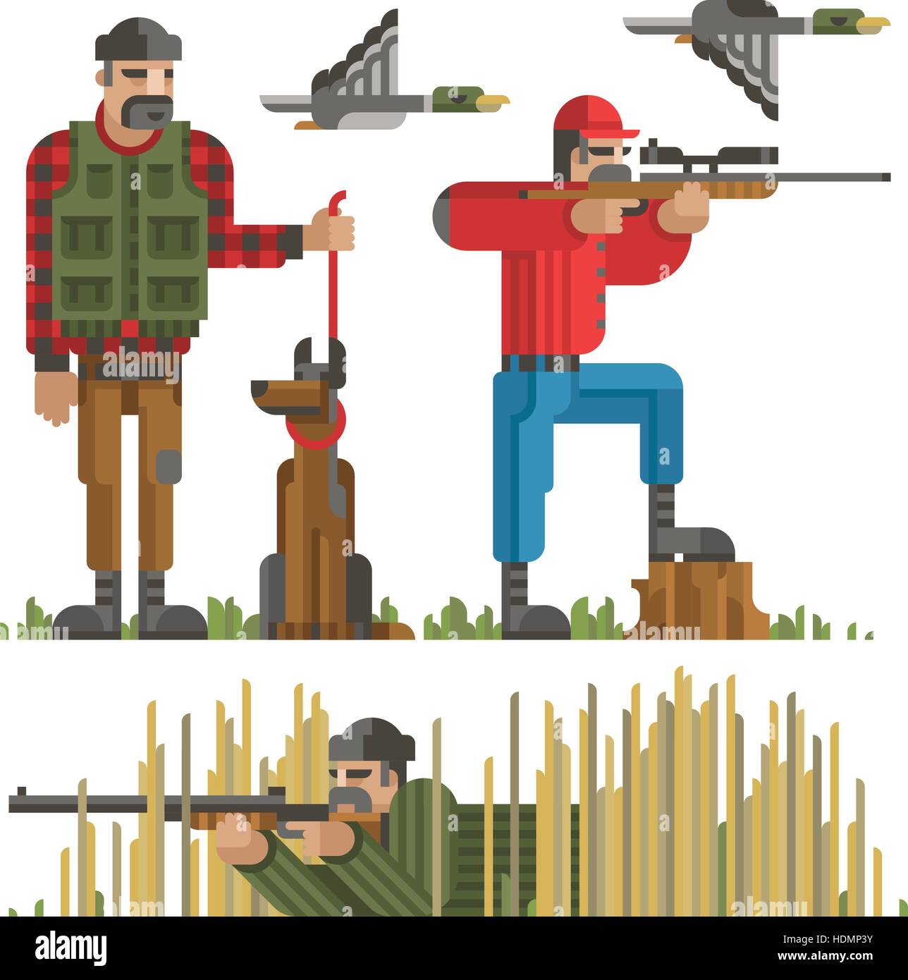 Set di cacciatori silhouette in diverse pose con arma, pistola, fucile, cane, anatra. Moderno appartamento geometrico stile. I cacciatori per design, web, una infografica. È Illustrazione Vettoriale