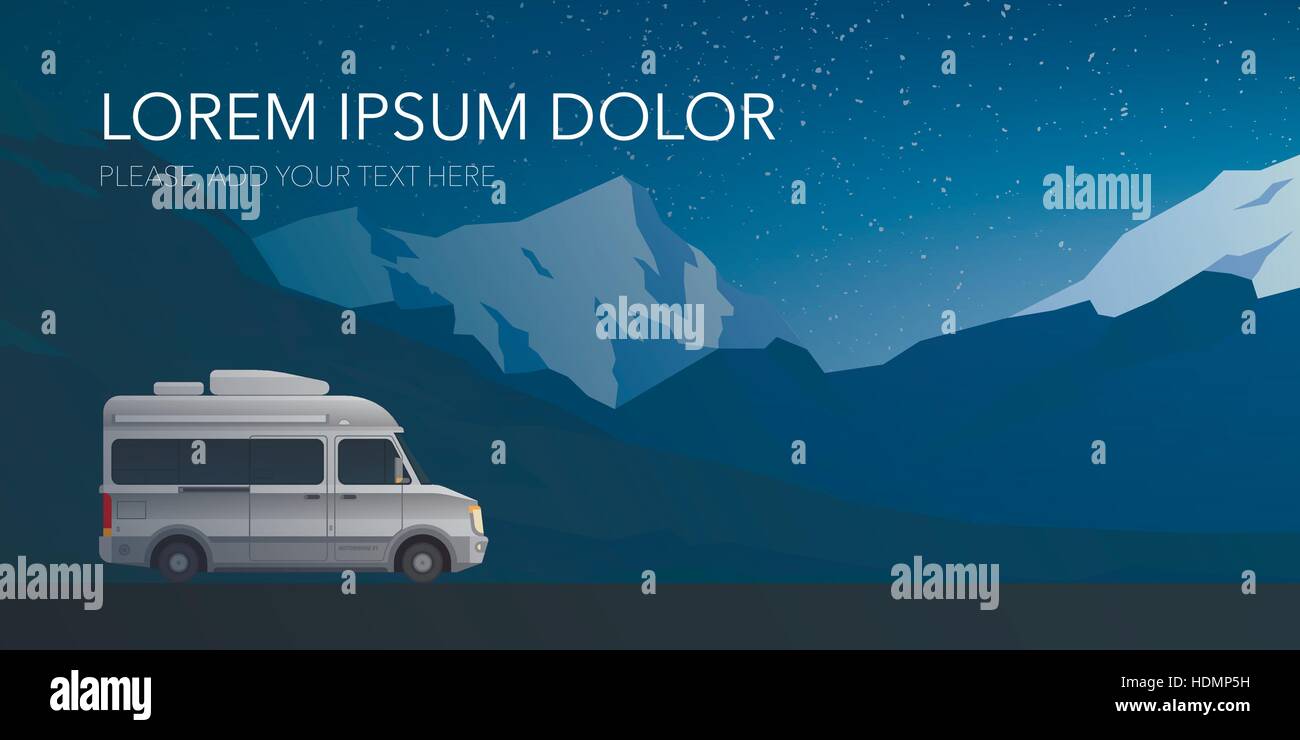 Bellissimo paesaggio di montagna di banner per il web con moderni di  piccole dimensioni camper motor home. Appartamento nuovo stile realista. Un  poster o un banner per il web design Immagine e