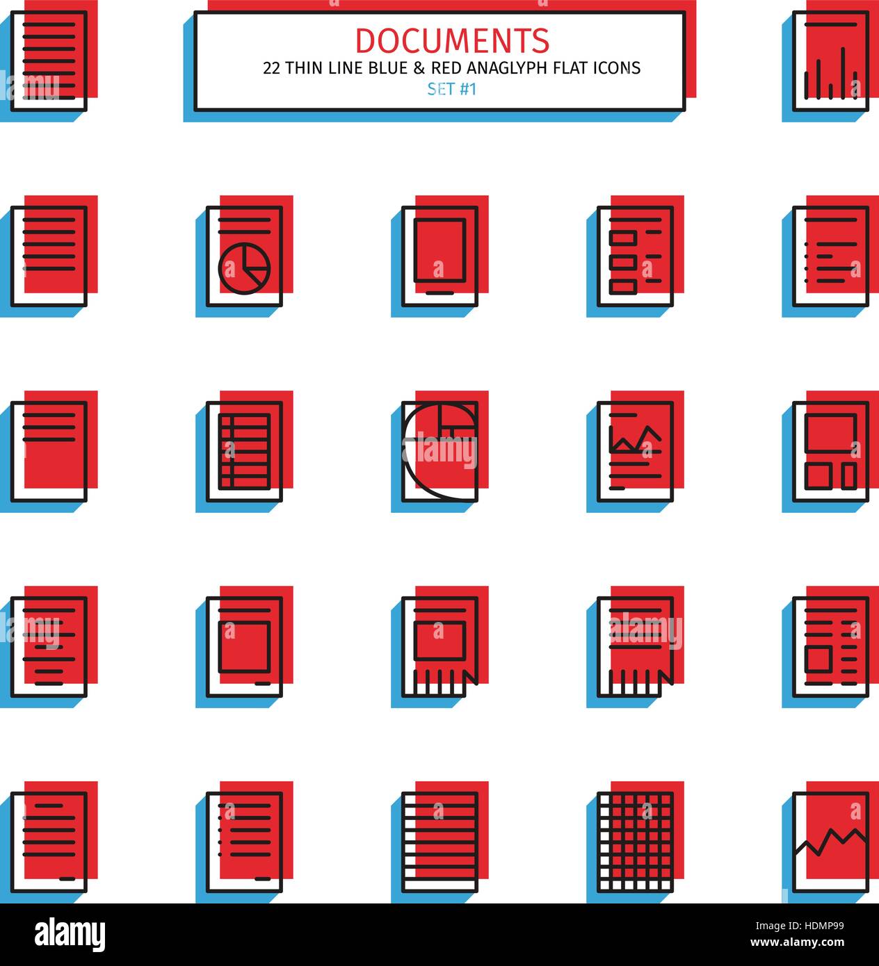 Linea sottile icon set. Anaglifo 3D di rosso e di blu stile. Documenti, modelli di tabelle, rivestiti di sbozzati, grafica, elenchi e pianifica le icone. Vettore. Illustrazione Vettoriale