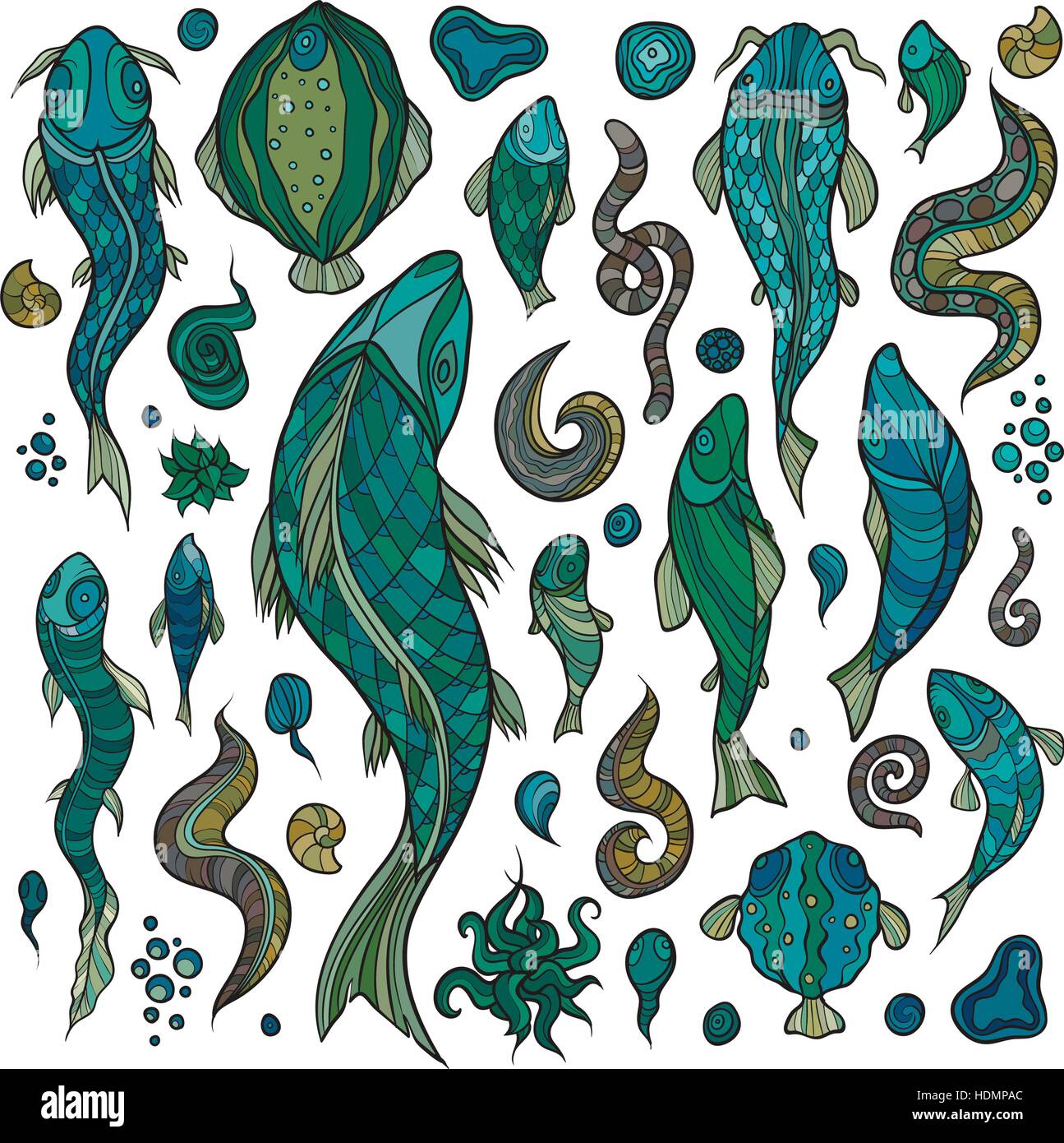 Realizzato a mano Collezione di pesci marini e le creature. Disegnata a mano illustrazione vettoriale. Illustrazione Vettoriale