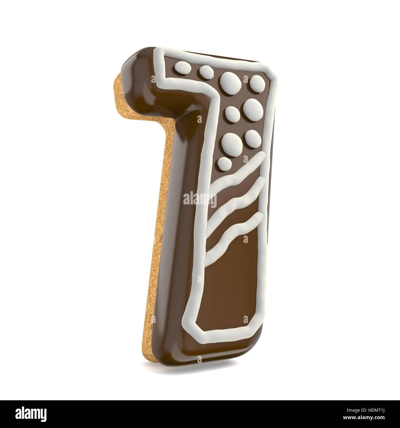 Numero sette 7 cioccolato Natale font di panpepato decorate con righe bianche e punti. 3D render illustrazione isolati su sfondo bianco Foto Stock