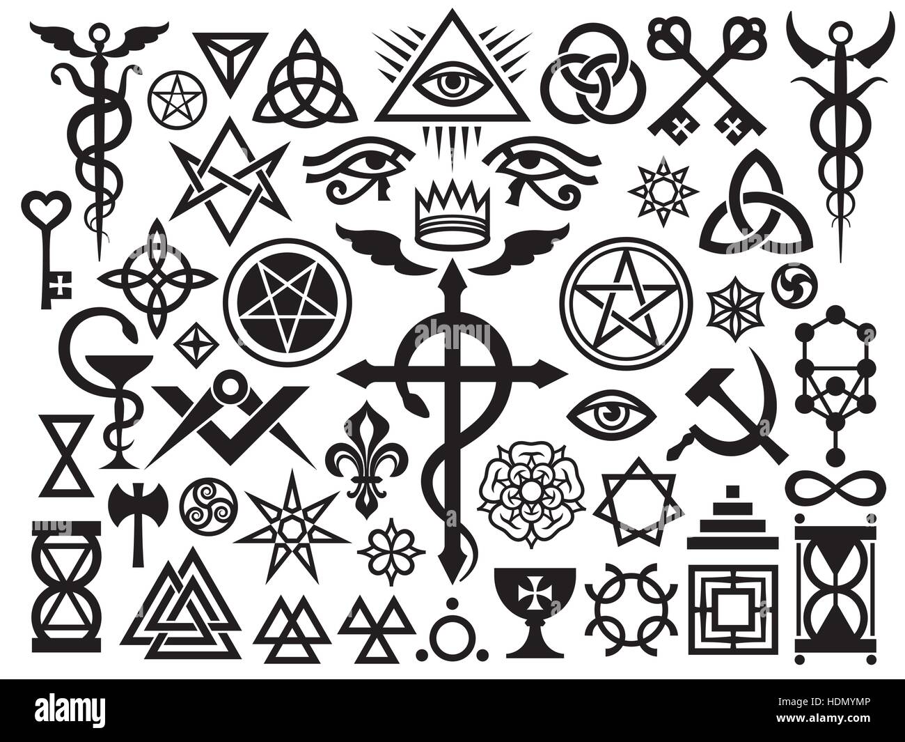 Medievale segni occulto e magia francobolli, Sigils, serrature, nodi. Simboli mistici (rivisitato problema: origine impostata) Illustrazione Vettoriale