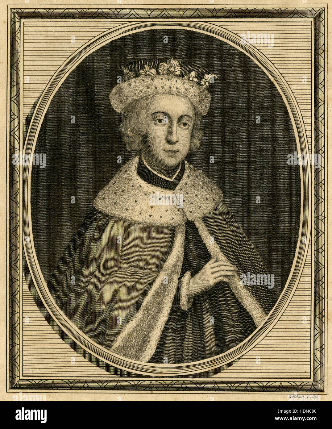 Antique 1788 incisione, King Edward V. Edward V (1470-c.1483) era re d'Inghilterra da suo padre Edward IV la morte il 9 aprile 1483 fino al 26 giugno dello stesso anno. Egli non era mai stato incoronato e il suo 86-giorno regno fu dominato dall'influenza di suo zio e il signore Protector, Richard, duca di Gloucester, succeduto a lui come Richard III nel 1483. Fonte: incisione originale. Foto Stock
