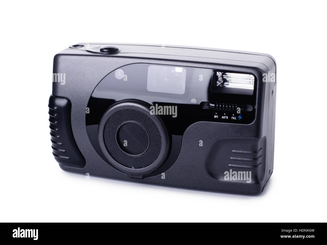 Nera compatta fotocamera a pellicola isolati su sfondo bianco Foto Stock
