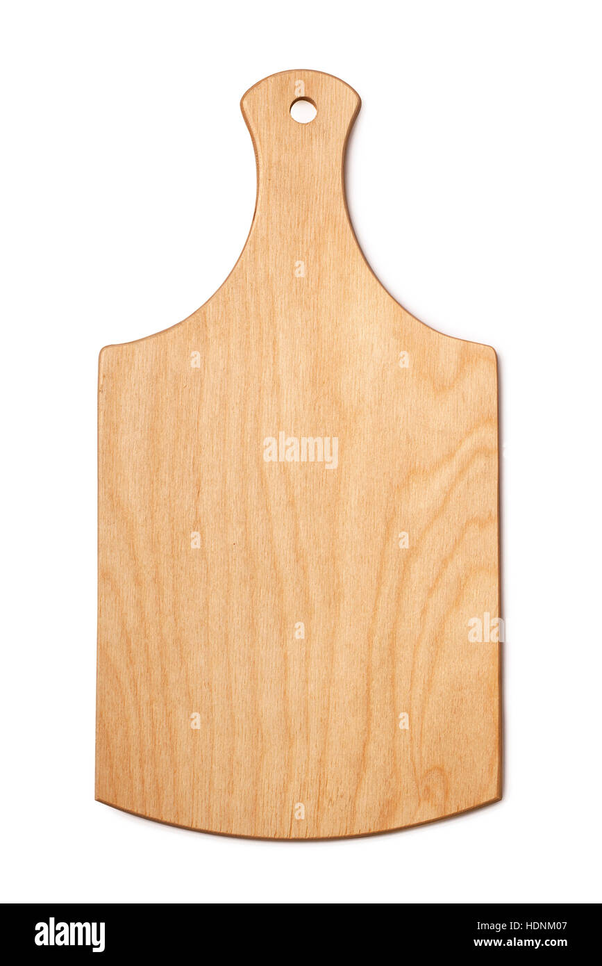 Tagliere di legno isolato su sfondo bianco Foto Stock