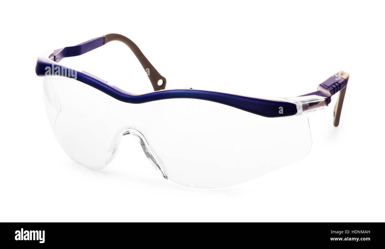 Blu in plastica protettiva occhiali da lavoro isolato su uno sfondo bianco Foto Stock