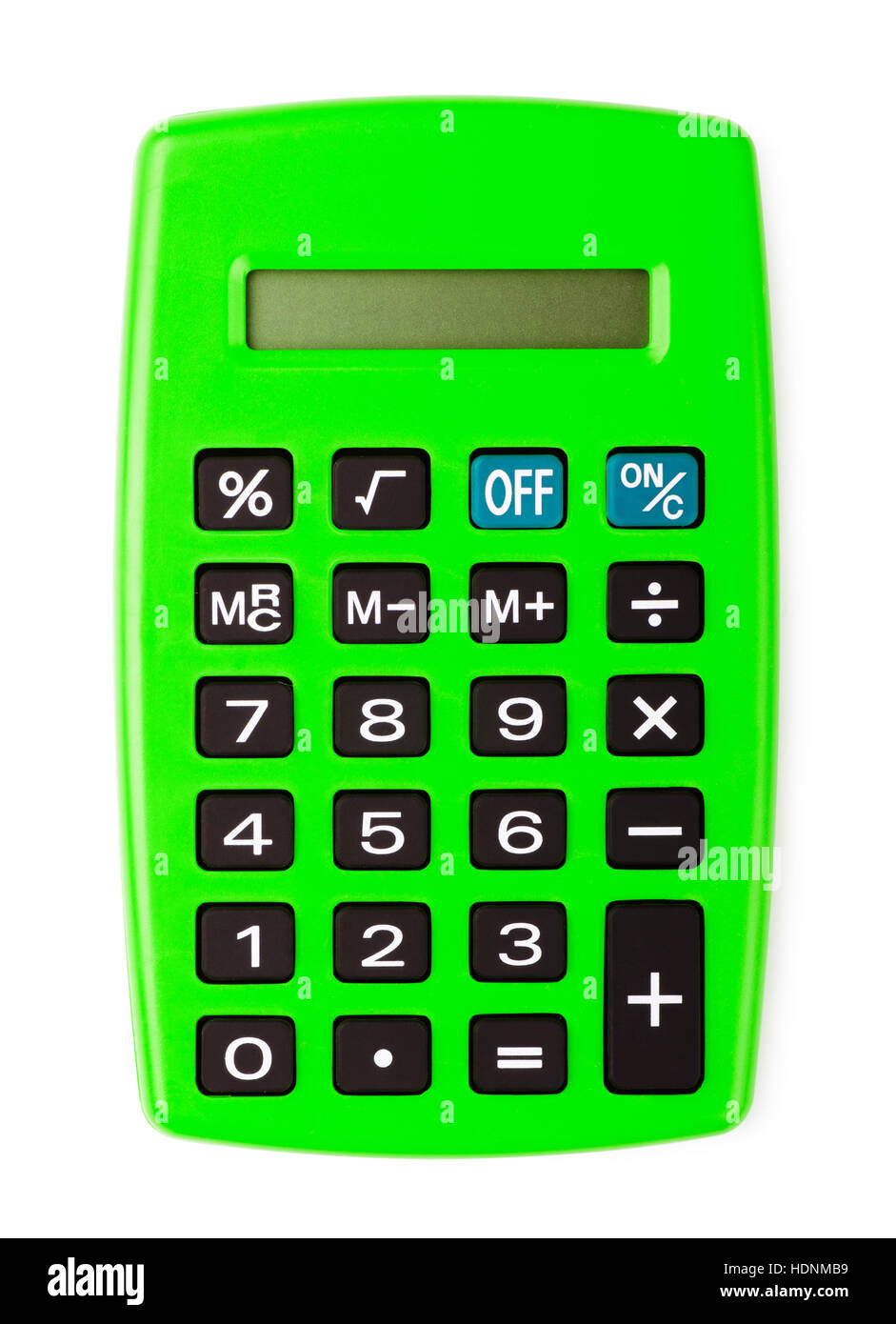 Green office calculator isolati su sfondo bianco, dispositivo per calcolare i numeri Foto Stock