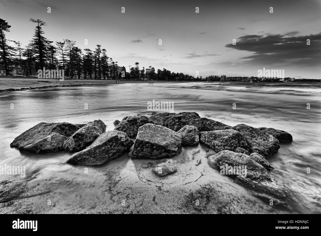 Spiccando in mare piano bouders con alga a bassa marea vicino a Manly Beach di Sydney. Nero-bianco seascape della famosa destinazione turistica Foto Stock