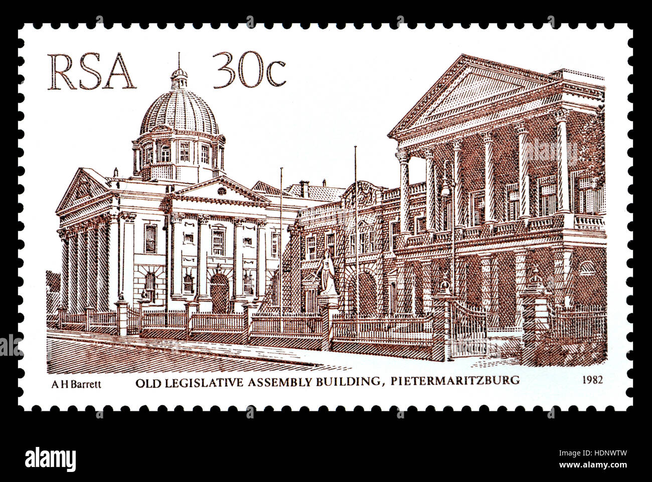 South African 30c francobollo (1982) : Vecchio assemblea legislativa edificio, Pietermaritzburg Foto Stock