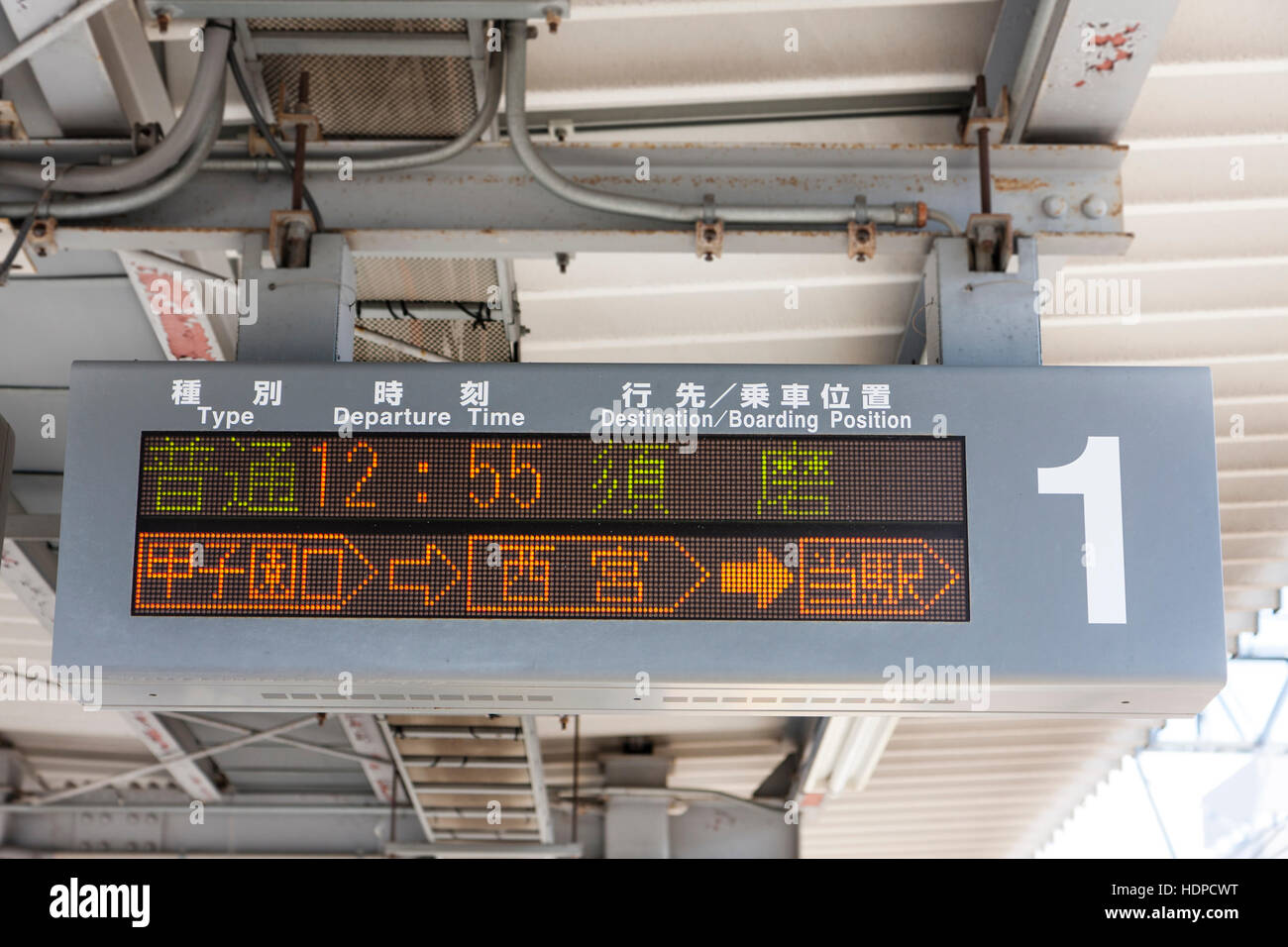 Giapponese overhead ferroviaria treno informazioni display segno per la linea di Kobe con, in Giapponese, il treno locale per la Suma arrivando a 12:55sulla piattaforma 1. Foto Stock