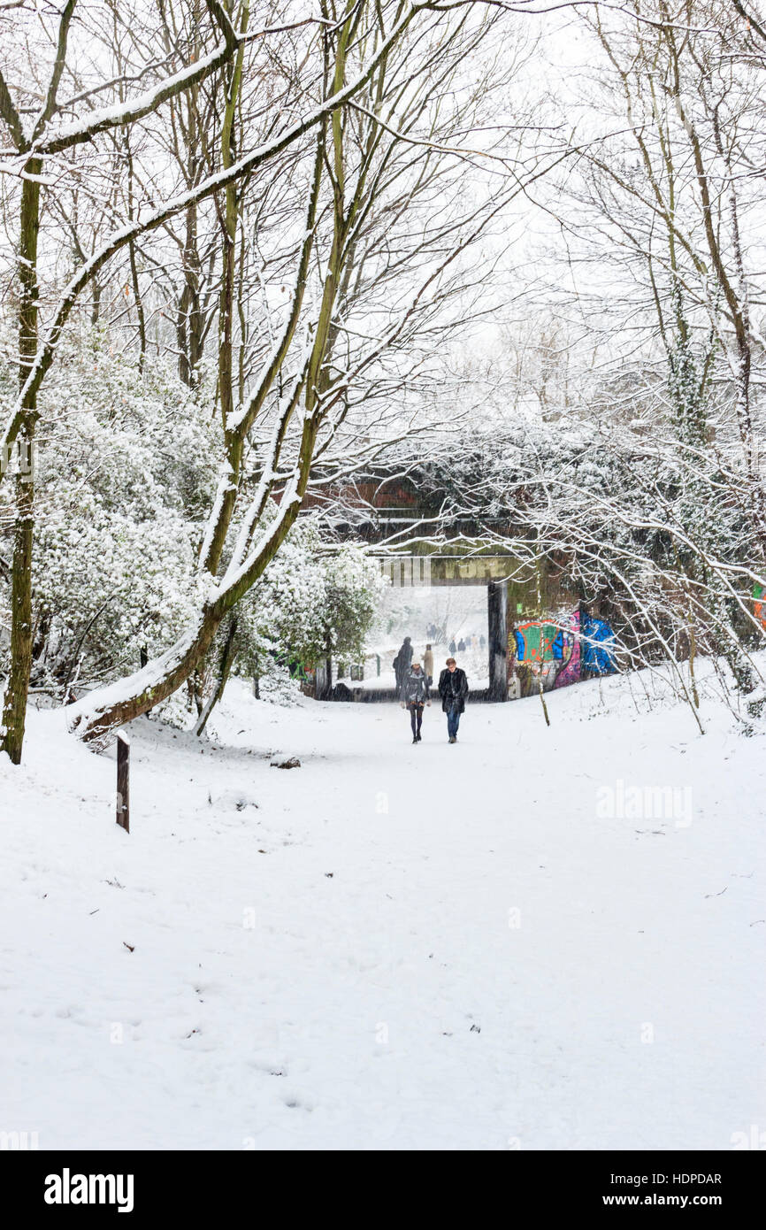 Neve sul Parco a piedi, una riserva naturale costituito da una in disuso la linea ferroviaria, a nord di Londra, Regno Unito Foto Stock