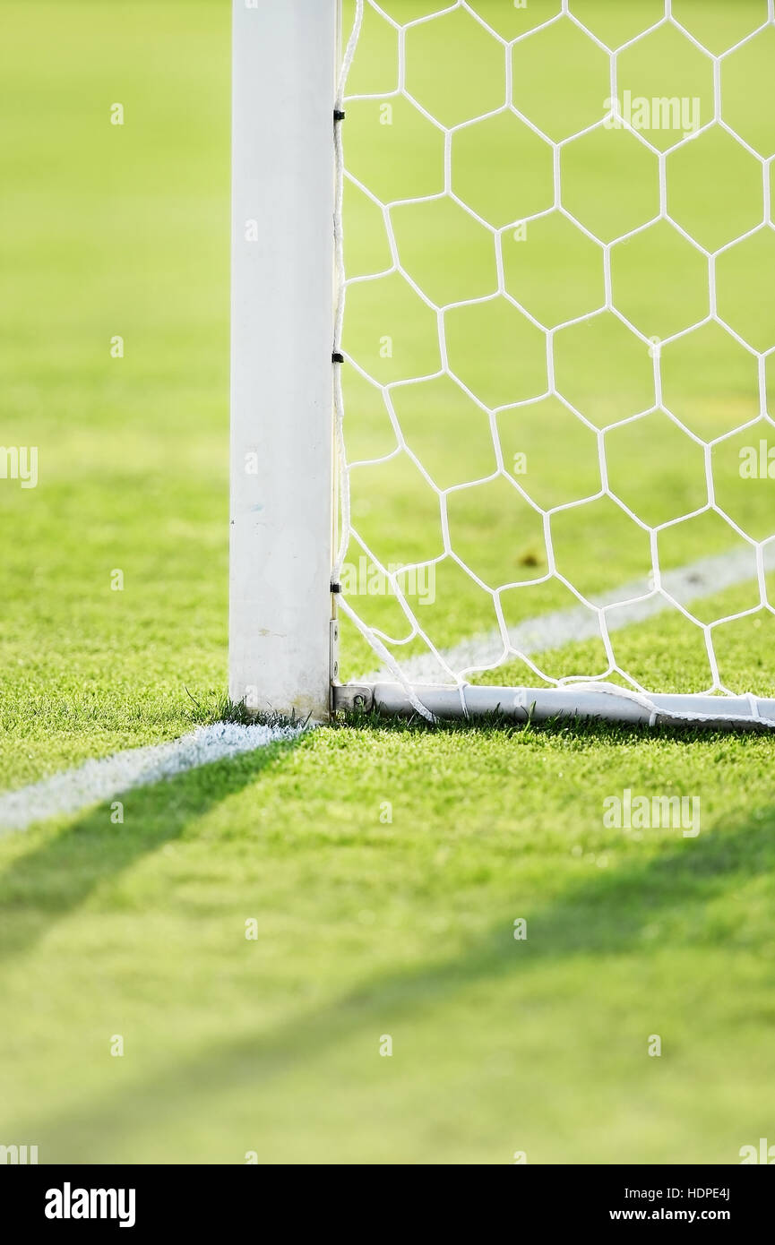 Obiettivo calcio post e net dettaglio sul tappeto erboso verde Foto Stock