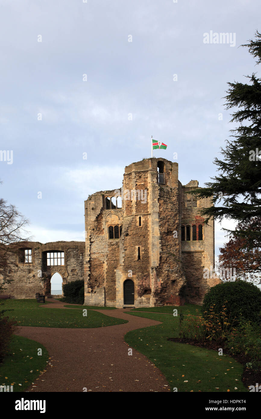 Il Nottinghamshire bandiera volare sopra le rovine del castello di Newark, Newark on Trent, Nottinghamshire, Inghilterra, Regno Unito Foto Stock