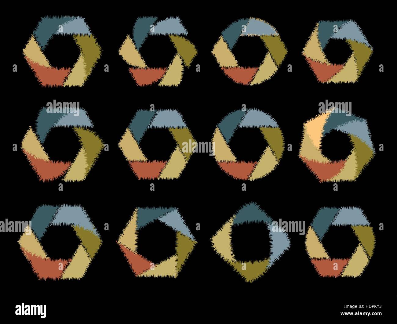 Isolato astratto e rotondo a forma esagonale, raccolta dei loghi. Colorate e soffici geometrica texture set del logo su sfondo nero. Foto elementi di lente illustrazione vettoriale. Illustrazione Vettoriale
