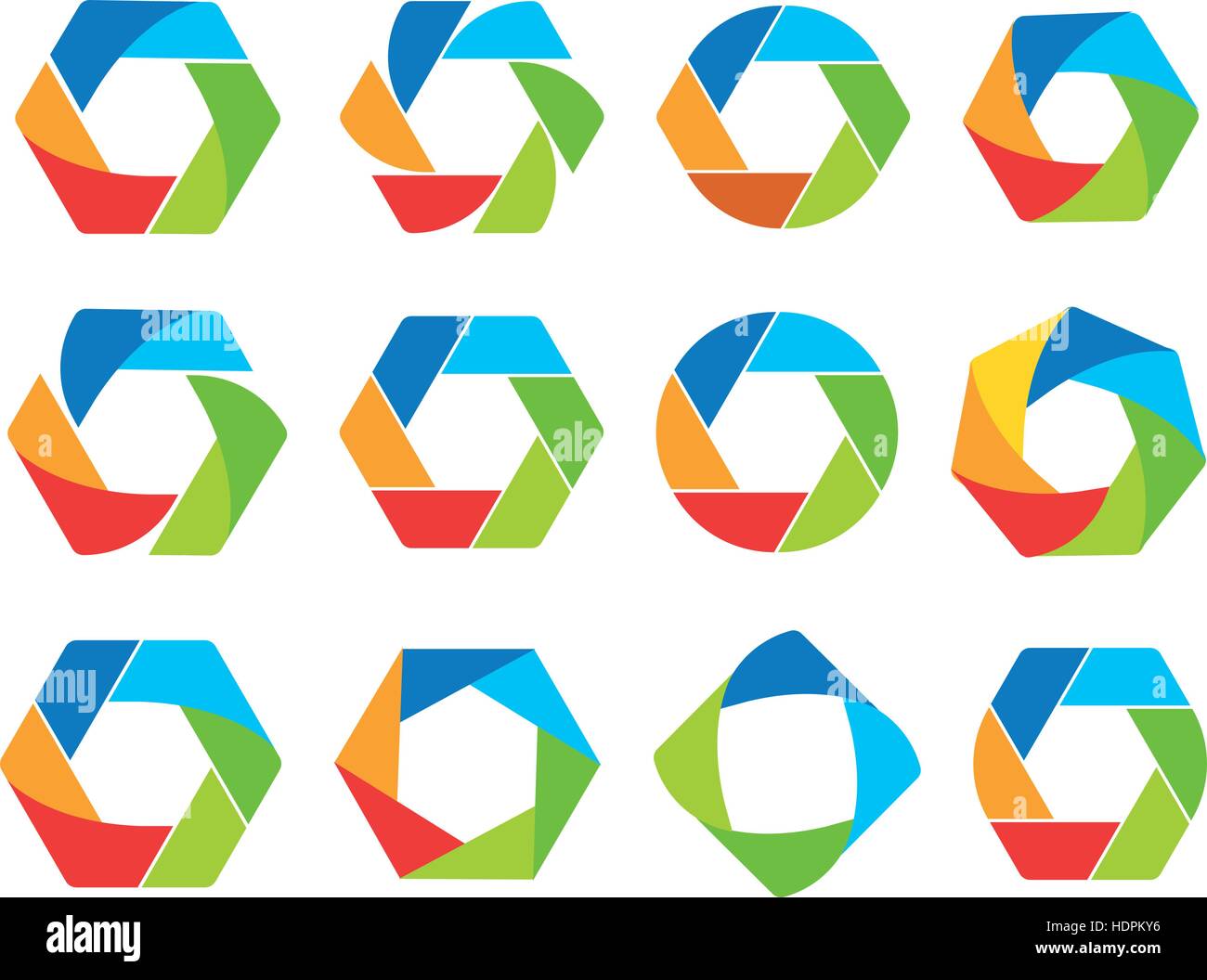 Abstract isolati esagonali colorati e forma rotonda logo collection. Logotipi geometrica impostato su sfondo bianco. Foto elementi di lente illustrazione vettoriale. Illustrazione Vettoriale