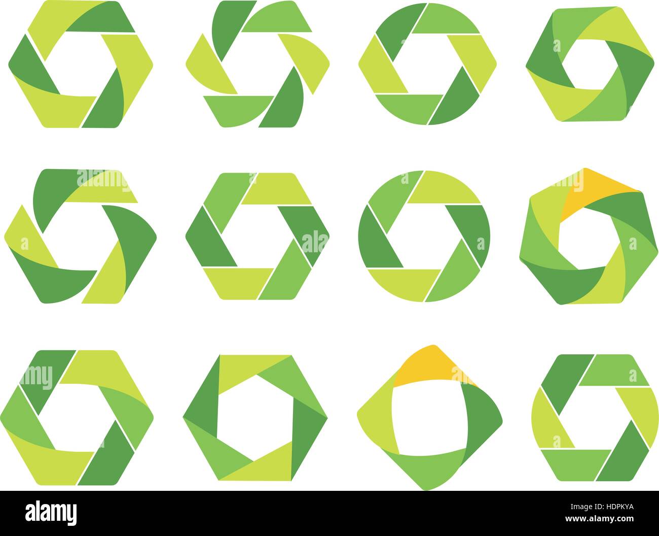 Isolato astratta esagono verde e il logo rotondo. Eco geometrico logotipi impostato su bianco bacground. I prodotti organici icona. Gli elementi naturali di segno. Vettore illustrazione di circolazione. Illustrazione Vettoriale