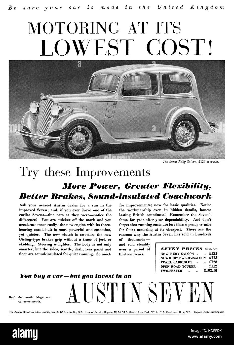 1937 British pubblicità per la Austin sette automobile Foto Stock