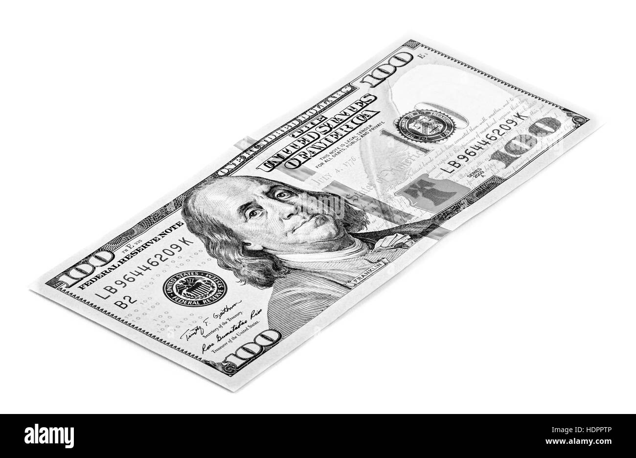 Centinaia di dollari isolati su sfondo bianco, in bianco e nero Foto Stock