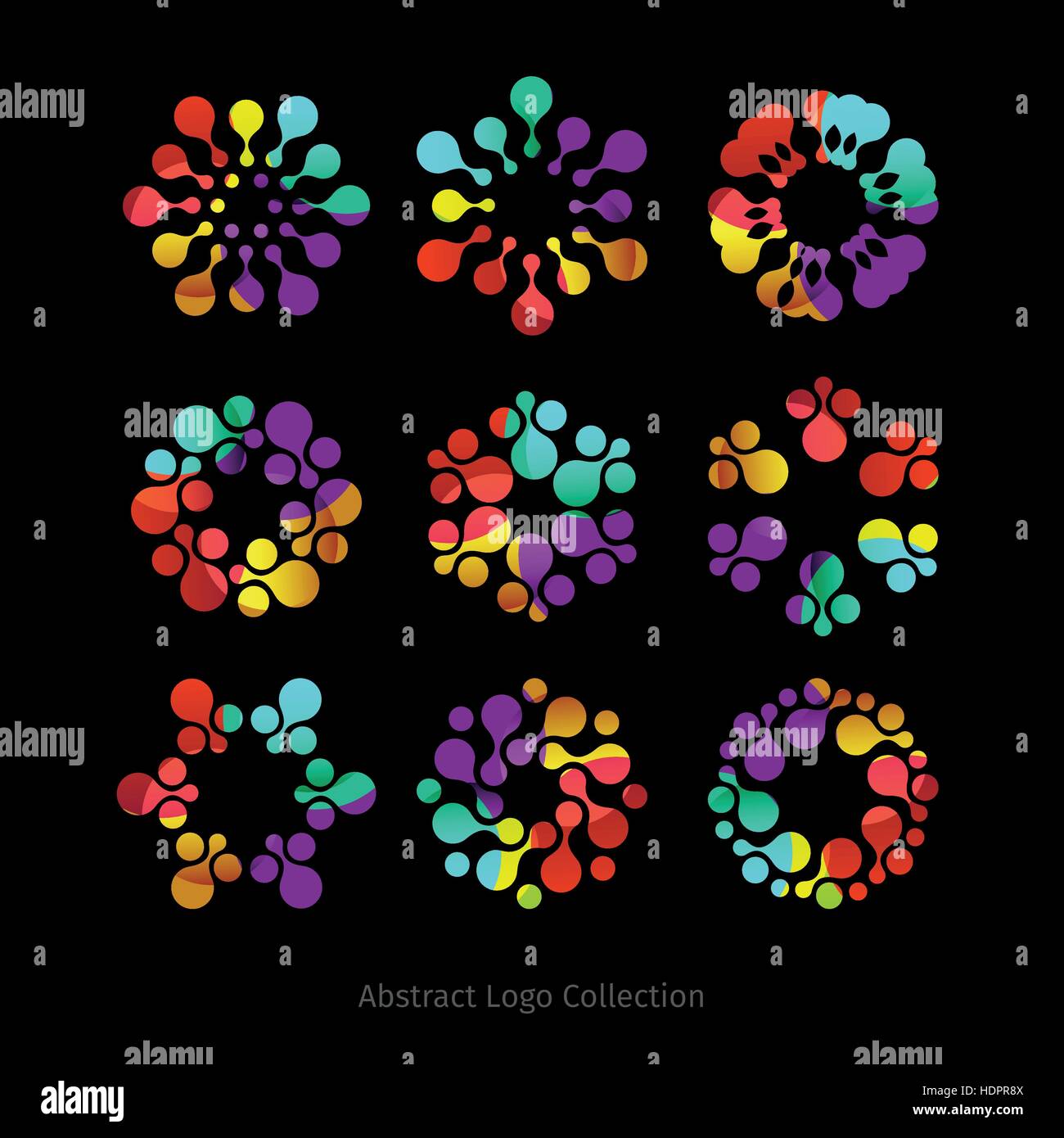 Isolato colorato astratto forma rotonda punteggiato logo collection. Flower logotipi set. Icone floreali su sfondo nero. Fuochi d'artificio brillante illustrazione vettoriale. Illustrazione Vettoriale