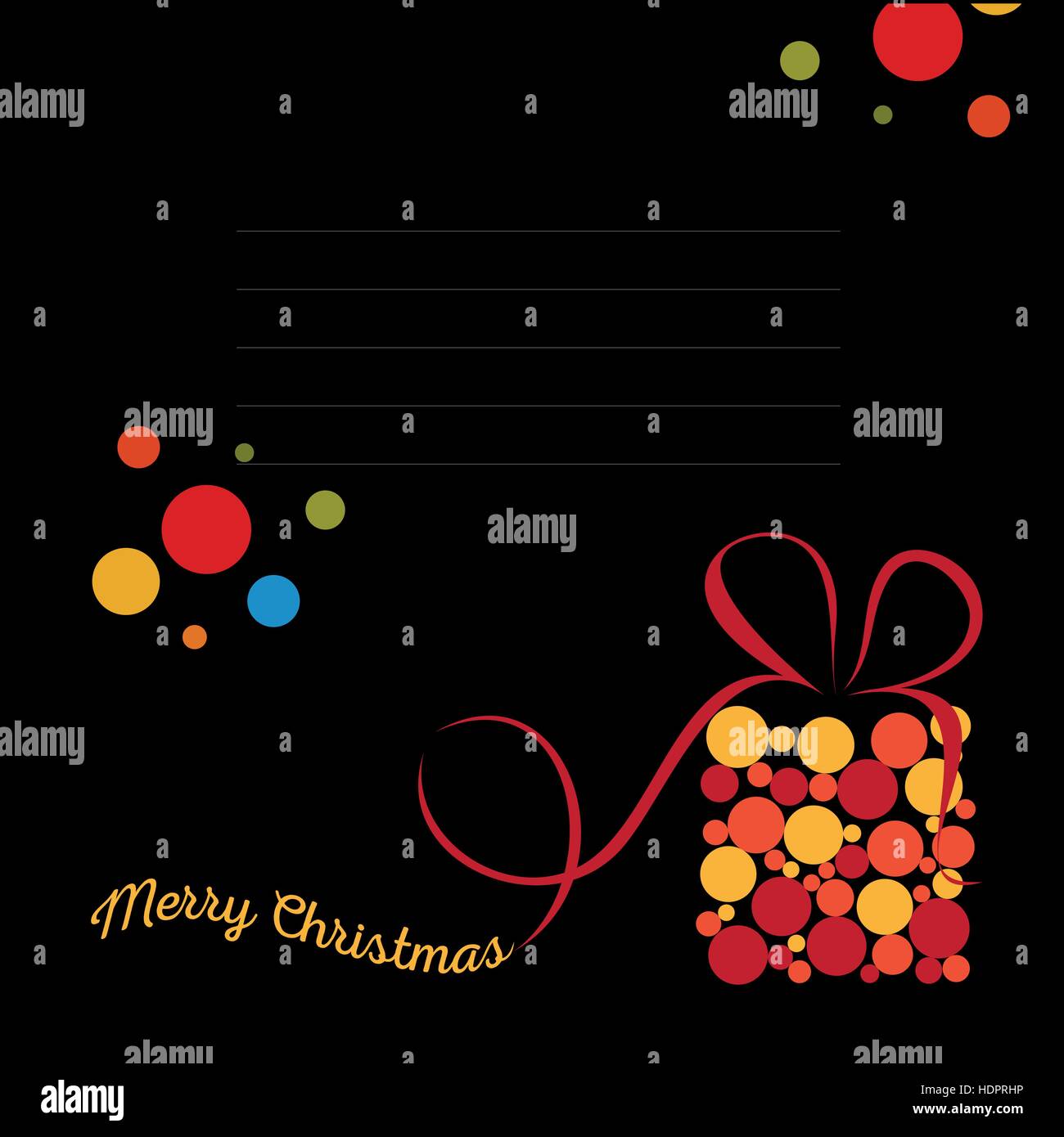 Isolato colorato astratto Merry Christmas greeting card su sfondo nero. Xmas presente con bolle sullo sfondo. Anno nuovo dono carta di avvolgimento. Texture di festa. Illustrazione Vettoriale. Illustrazione Vettoriale