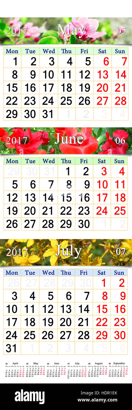 Calendario di Office per tre mesi maggio giugno e luglio 2017 con immagini  della natura Foto stock - Alamy