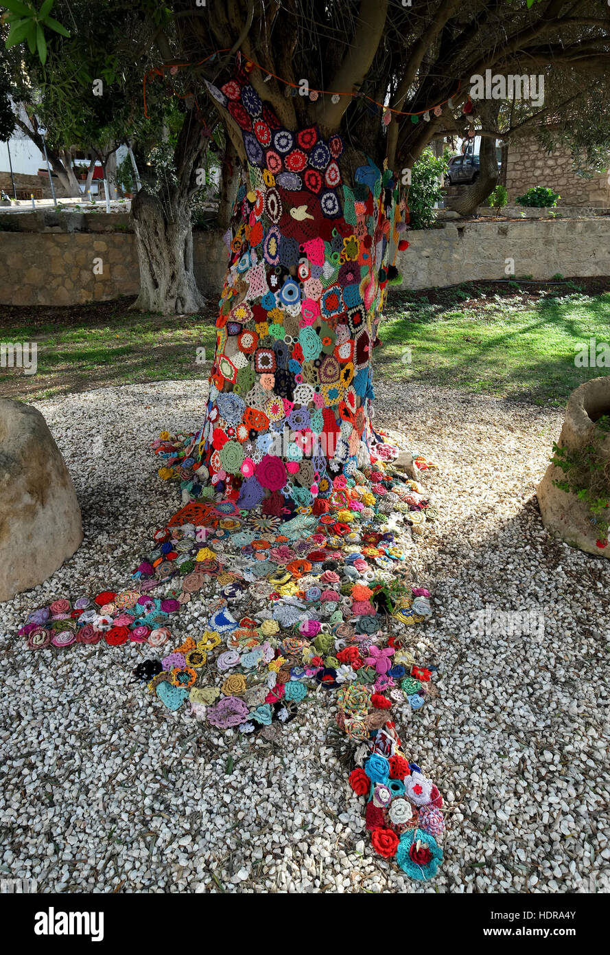 Un albero decorato da Lana a maglia fiori in un parco gladstonos in Paphos centro storico. Foto Stock