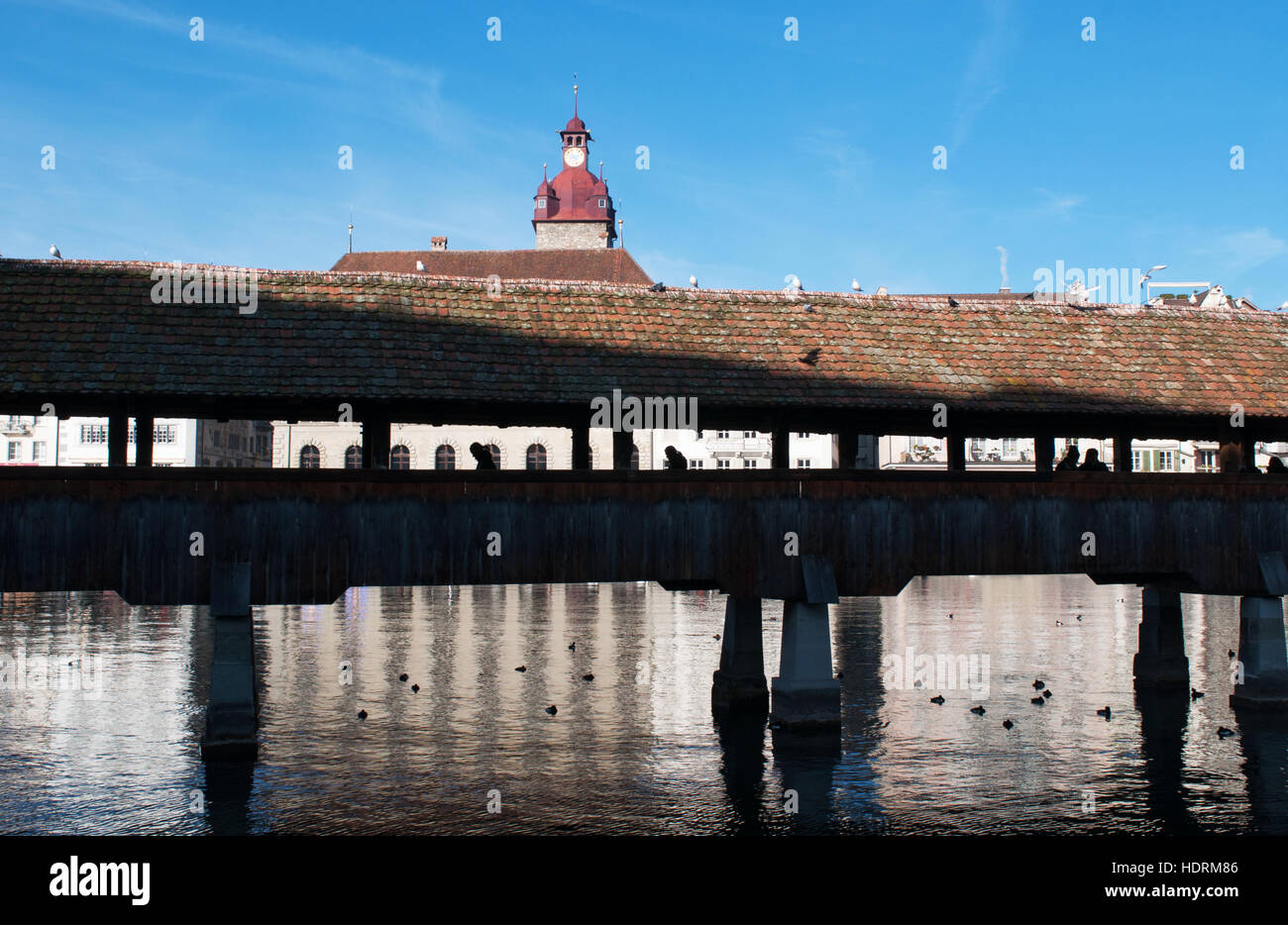 Svizzera: Lo skyline e architettura di Lucerna con vista del Zit tower, la città più antica orologio costruito nel 1535, e il fiume Reuss Foto Stock