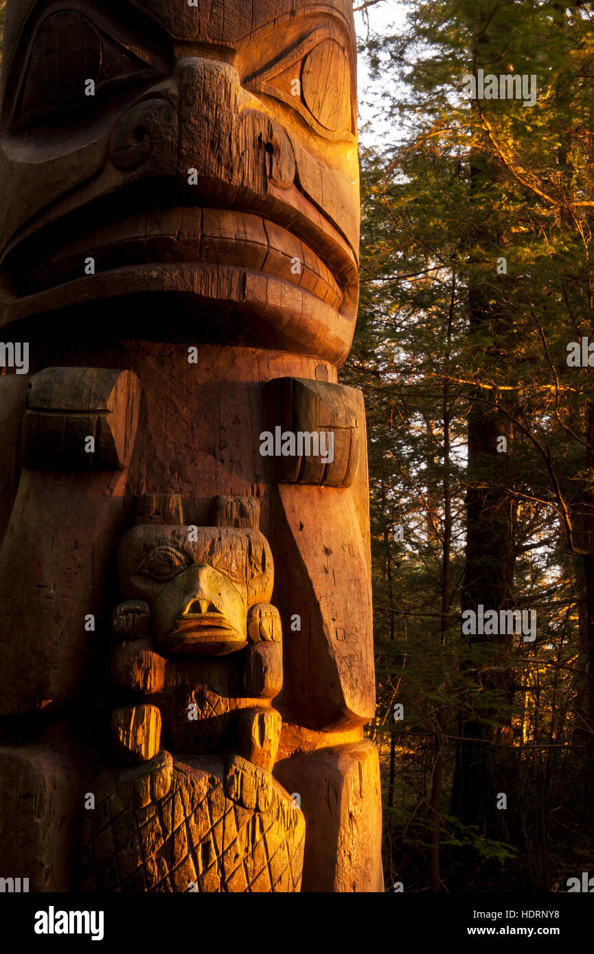 Un totem catture alcuni luce della sera al Sitka National Historic Park; Sitka, Alaska, Stati Uniti d'America Foto Stock