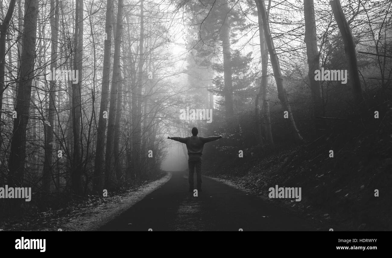 Da solo uomo sulla strada tra Bosco nebbioso Foto Stock
