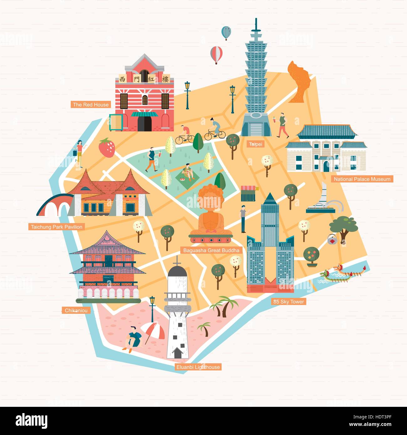 Taiwan concetto di viaggio - Punti di Riferimento nel piano in stile design Illustrazione Vettoriale