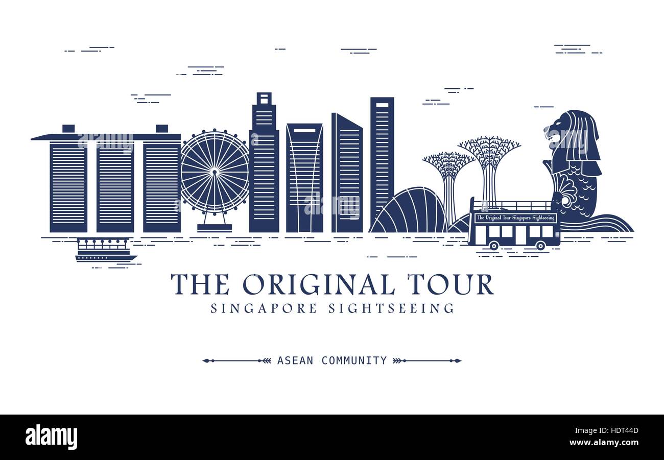 Singapore travel concept design con bay scena in design piatto Illustrazione Vettoriale