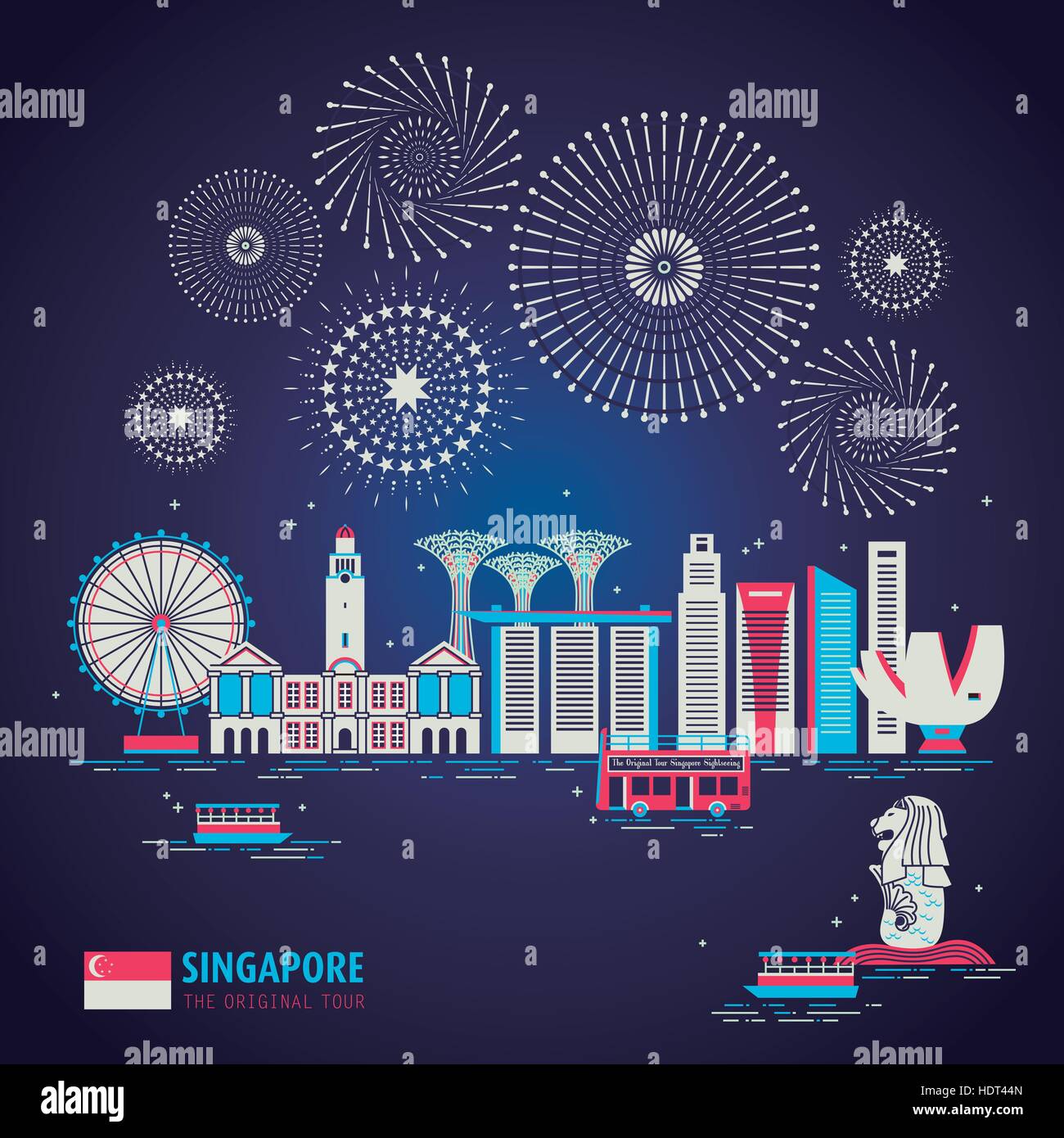 Singapore travel concept design con scena notturna in design piatto Illustrazione Vettoriale