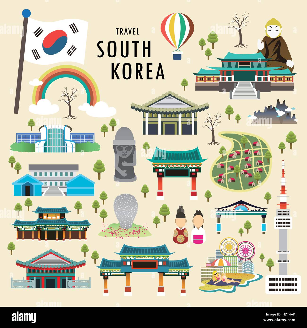 Bella la Corea del Sud raccolta di attrazioni in stile piatto Illustrazione Vettoriale