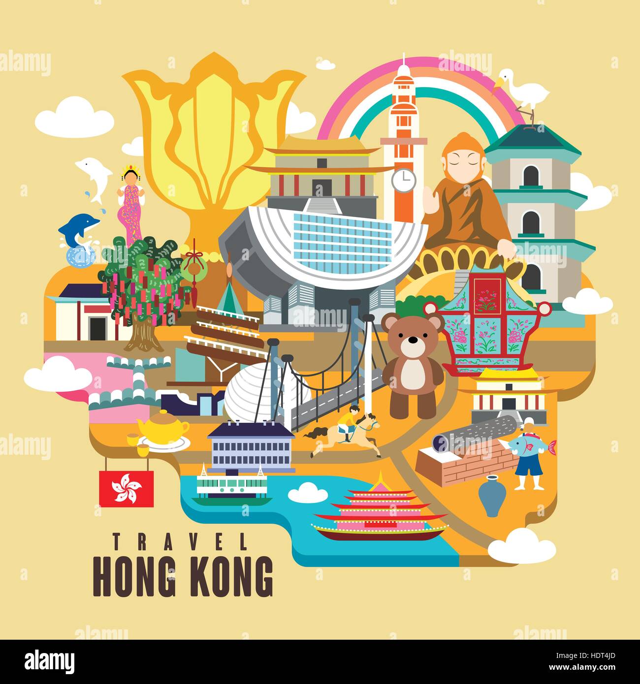 Hong Kong Viaggi design poster con attrazioni in stile piatto Illustrazione Vettoriale