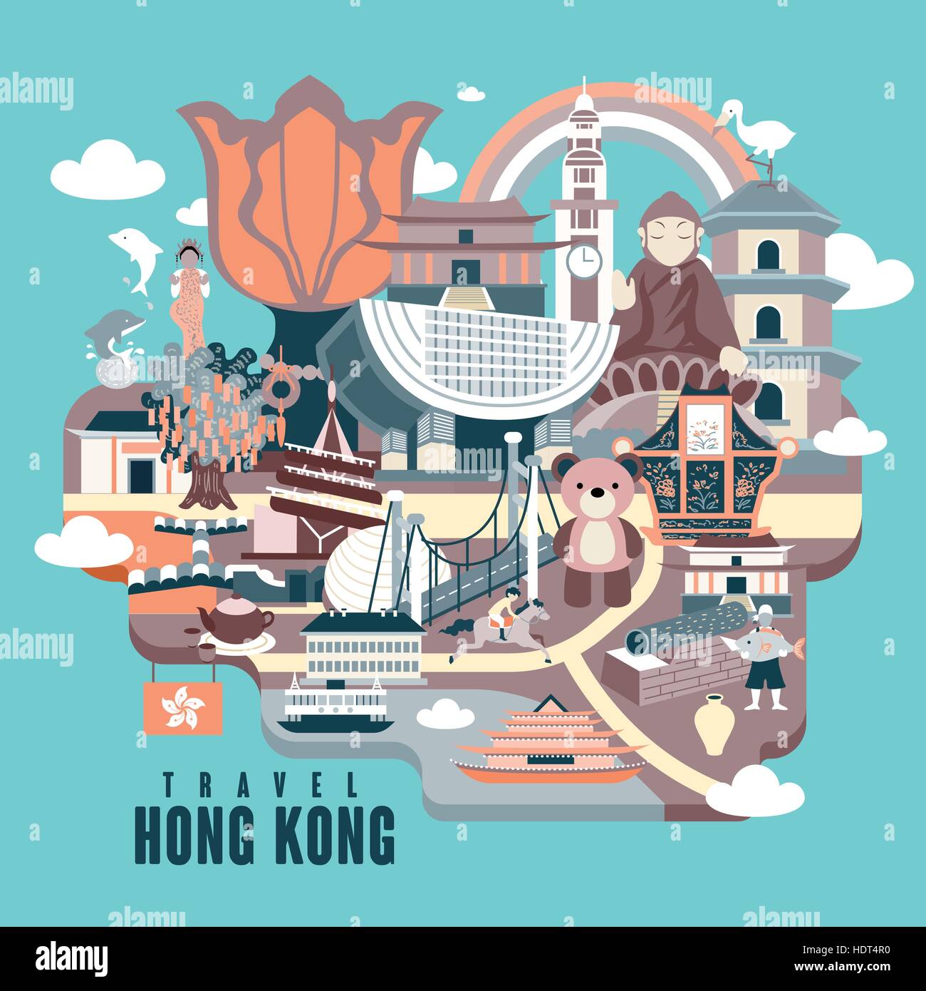 Hong Kong Viaggi design poster con attrazioni in stile piatto Illustrazione Vettoriale