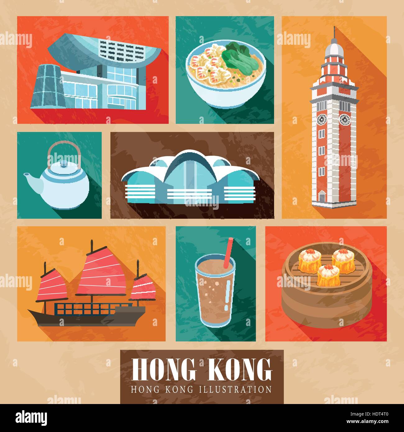 Hong Kong attarctions e delizie in design piatto Illustrazione Vettoriale