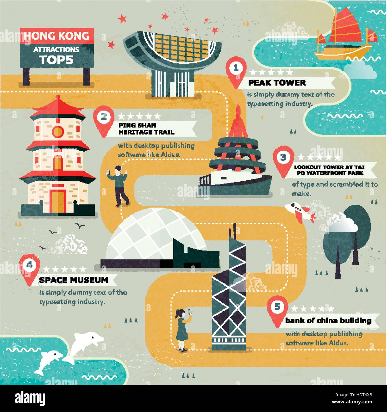 Attraente Hong Kong Viaggi attrazioni top five in design piatto Illustrazione Vettoriale