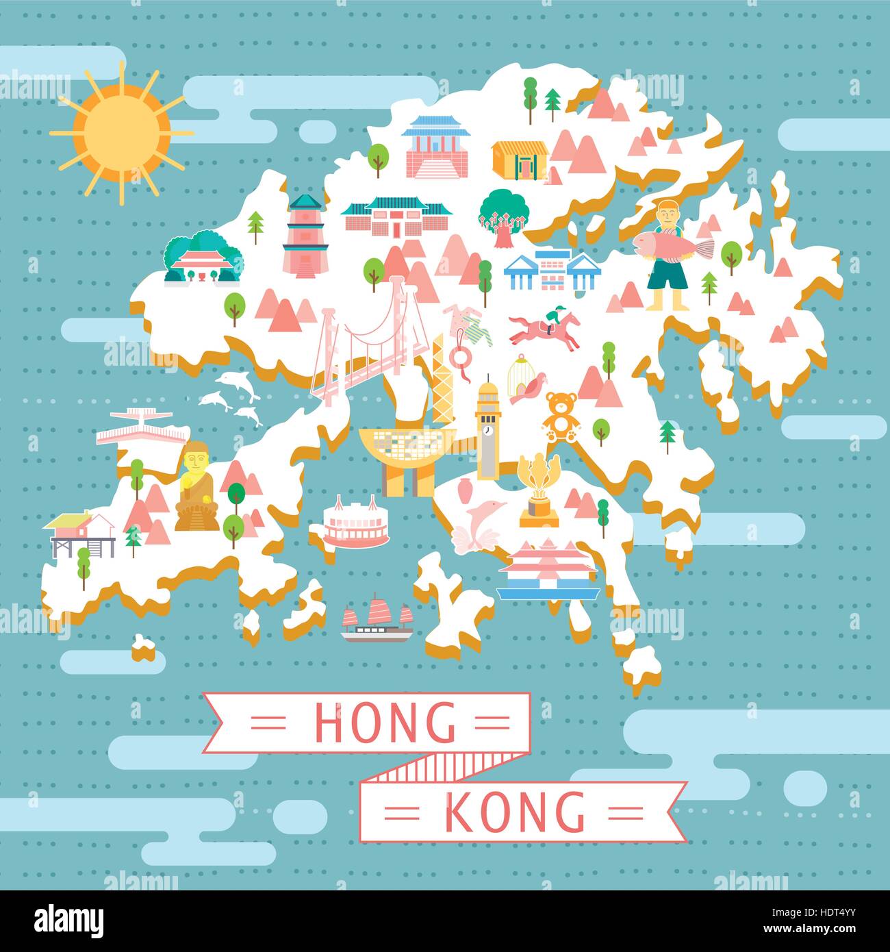 Bella Hong Kong mappa design in stile piatto Illustrazione Vettoriale