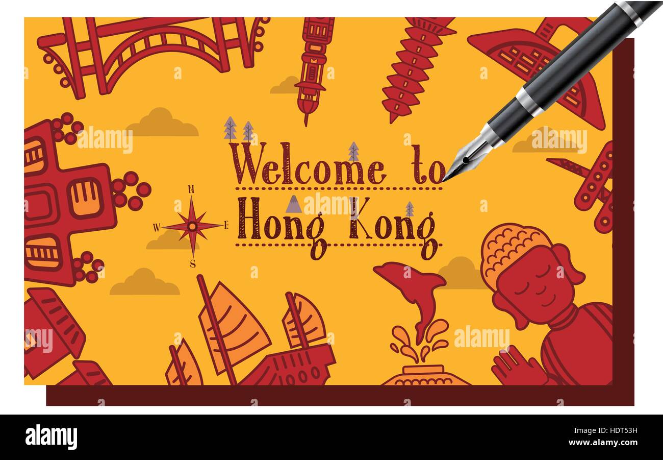 Bella Hong Kong viaggi un concetto di design in stile piatto Illustrazione Vettoriale