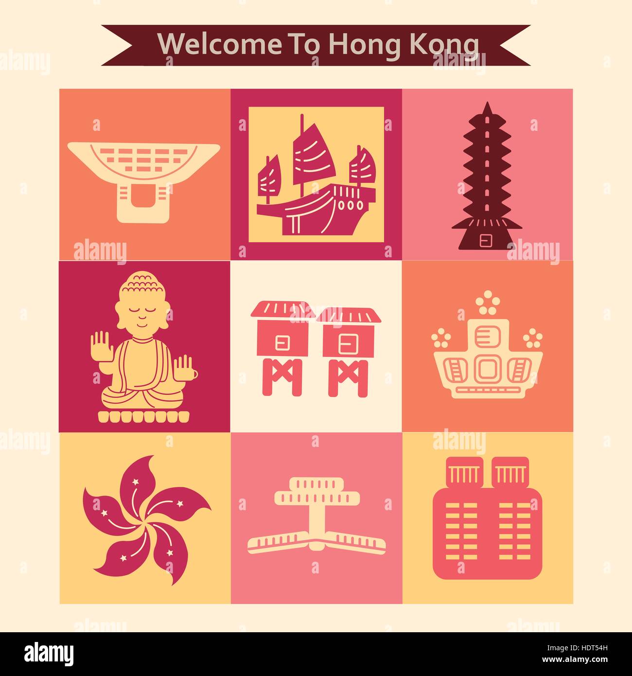 Colorata Hong Kong Viaggi collezioni in stile piatto Illustrazione Vettoriale