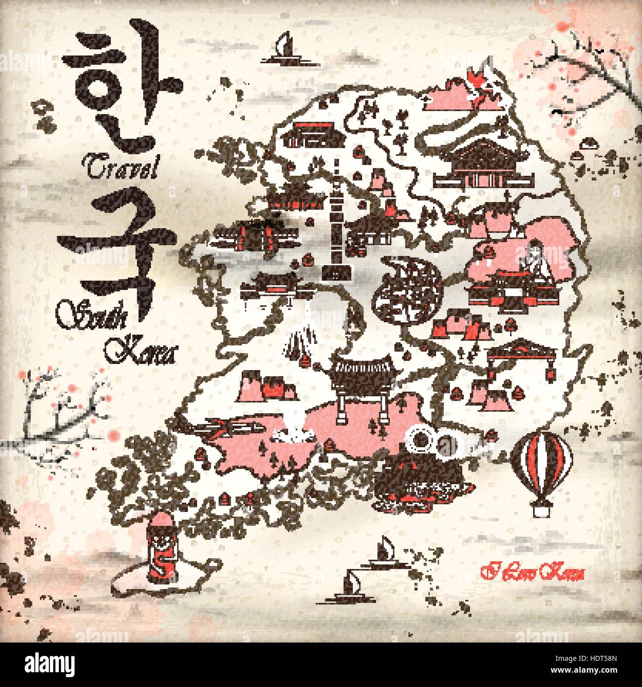 Retrò Corea del Sud mappa di viaggio design - Corea in coreano parole sulla parte superiore sinistra Illustrazione Vettoriale