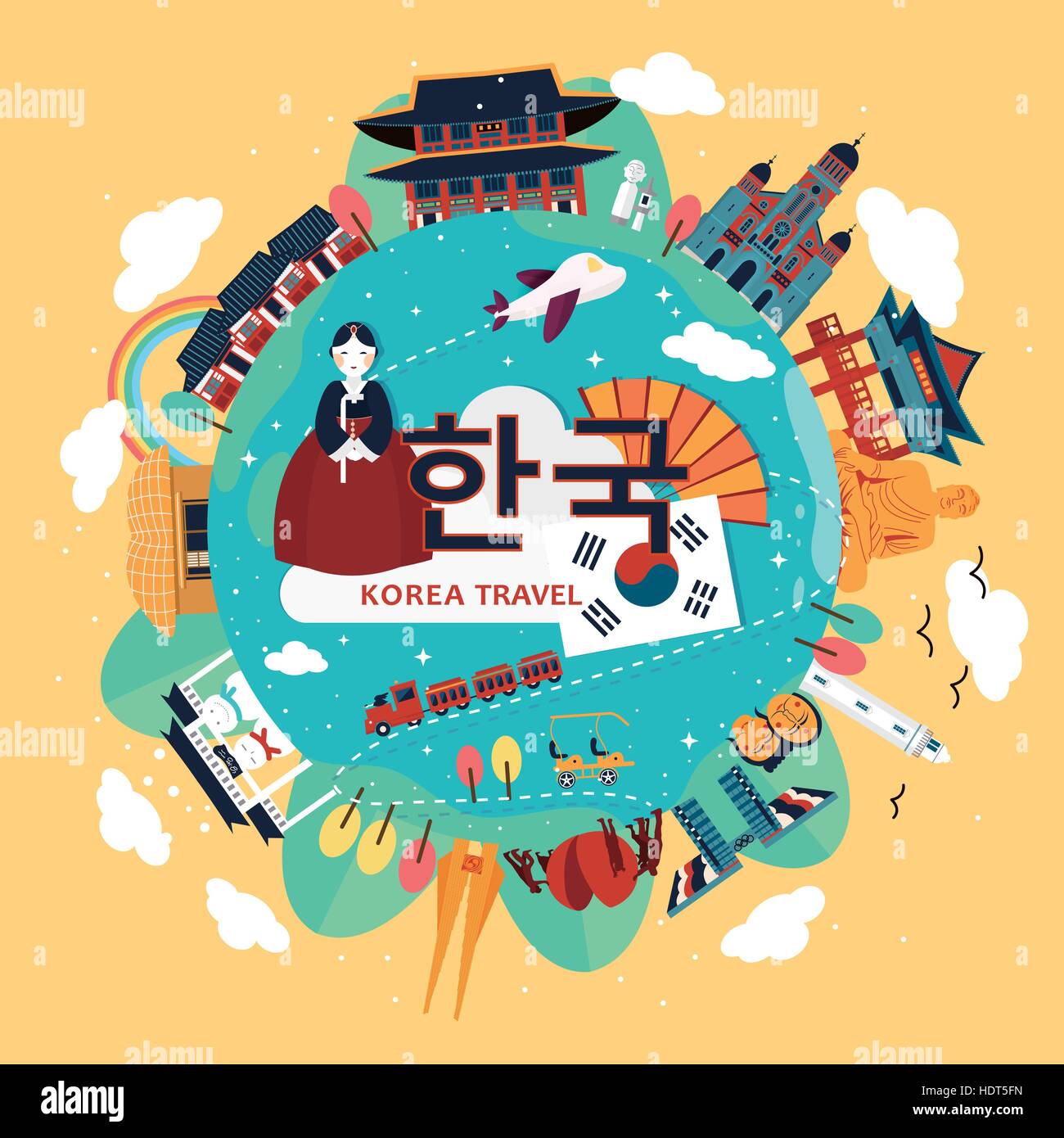 Corea attraente turismo poster in stile appartamento - Corea in coreano parole nel mezzo Illustrazione Vettoriale