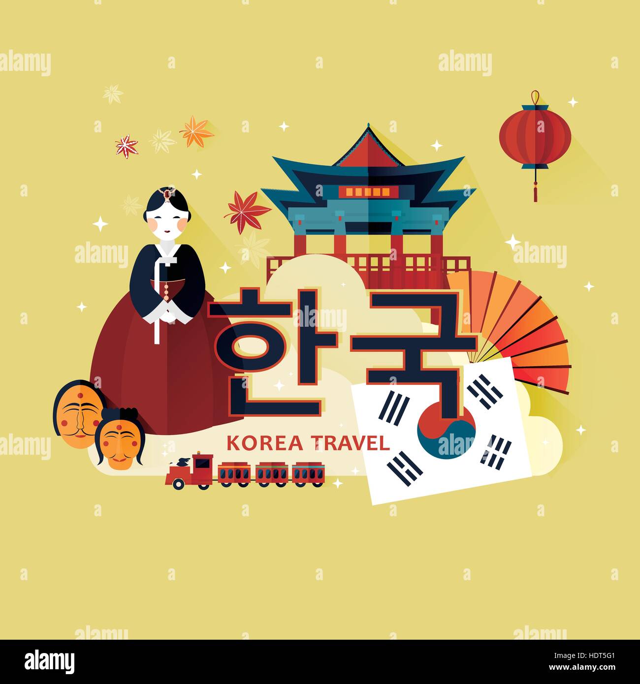 Tradizionale cultura coreana simbolo nel poster di viaggio -Corea in coreano parole nel mezzo Illustrazione Vettoriale
