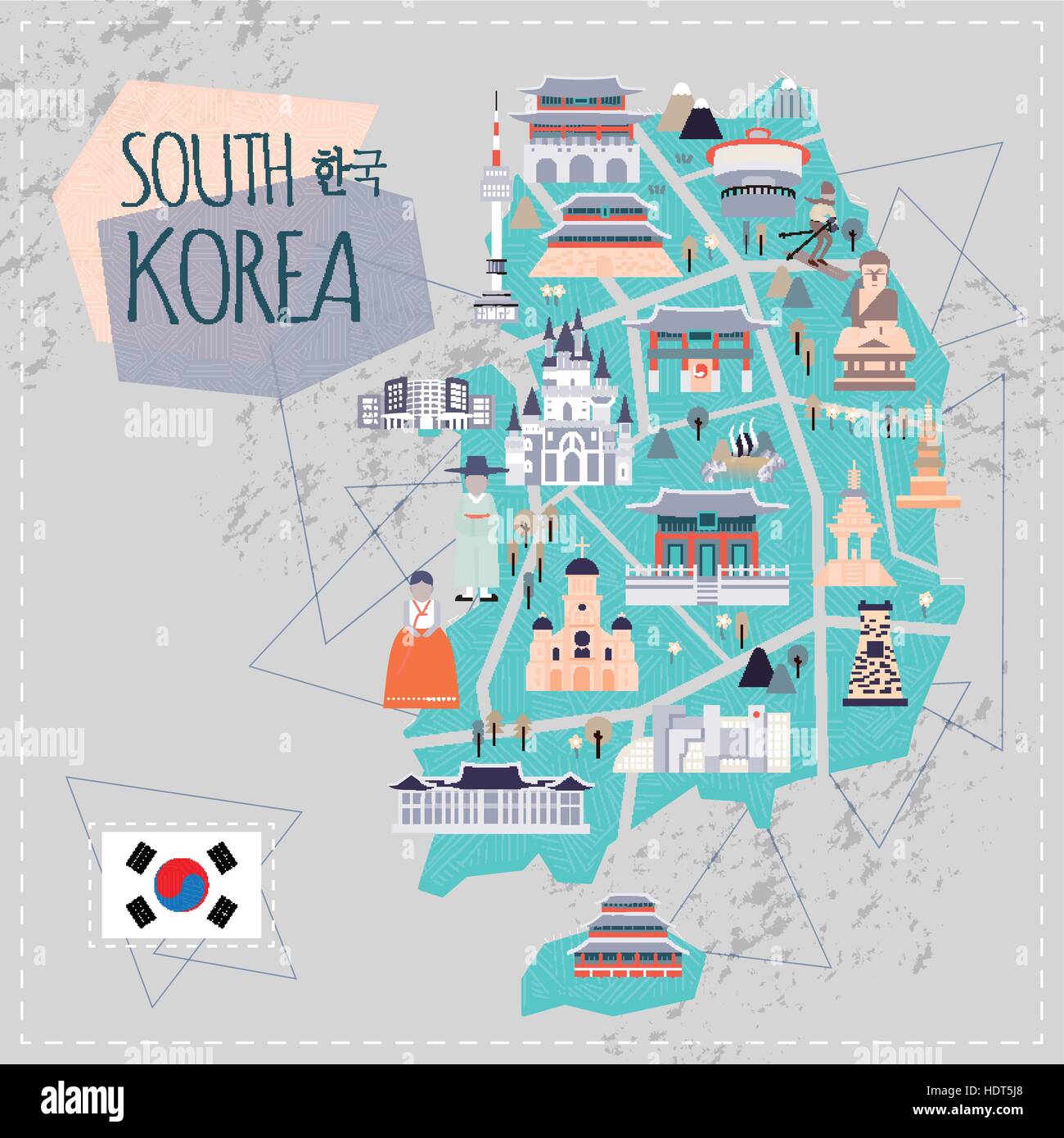Bella la Corea del Sud mappa di viaggio in uno stile piatto - Corea in  coreano parole sulla parte superiore sinistra Immagine e Vettoriale - Alamy