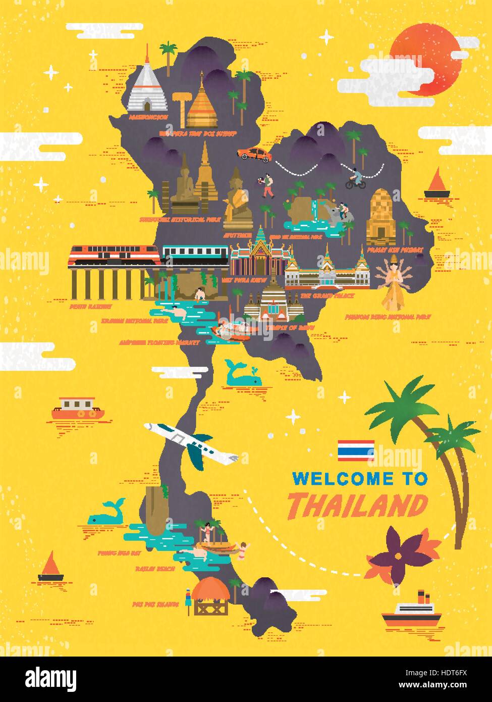 Adorabili viaggi in Thailandia concetto poster in stile piatto Illustrazione Vettoriale